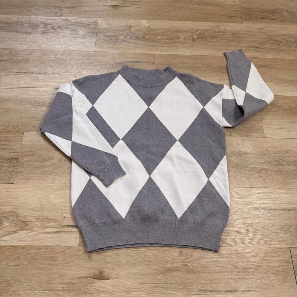 Sioni Diamond Pattern Rayon/Nylon Blend Sweater Gray‎ Cream Very Soft Women's M